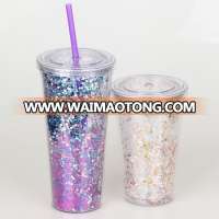 New fashion plastic bottle double wall tumbler cup with shine plastic mug with straw