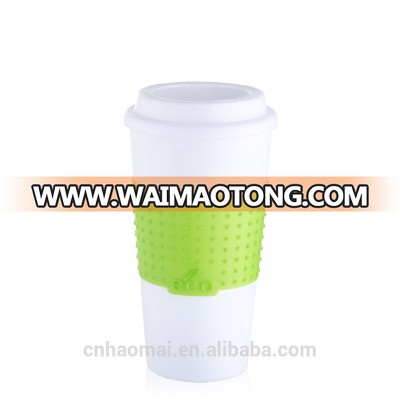 Food Grade Plastic Double Wall Travel Cup With Lid And Silicone Sleeve Insulated Coffee Mug